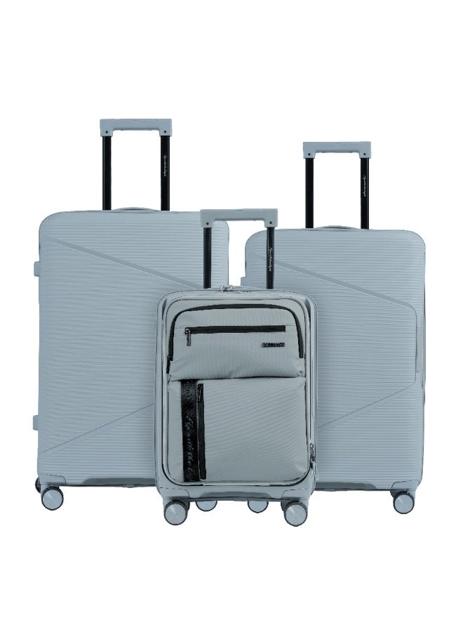 Eagle Express Cruiser Elite 3-Piece Hybrid PP & Nylon Hard-Shell Trolley Luggage Set – 20/24/28 Inch, Silver, 1-Year Warranty - Image 1